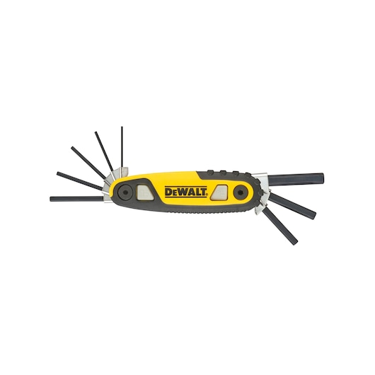 DEWALT folding hex key set with multiple extended hex keys, yellow and black handle.