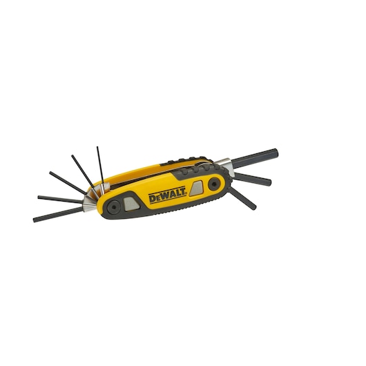 DEWALT yellow folding hex key set tool with multiple extended hex keys visible on both sides.