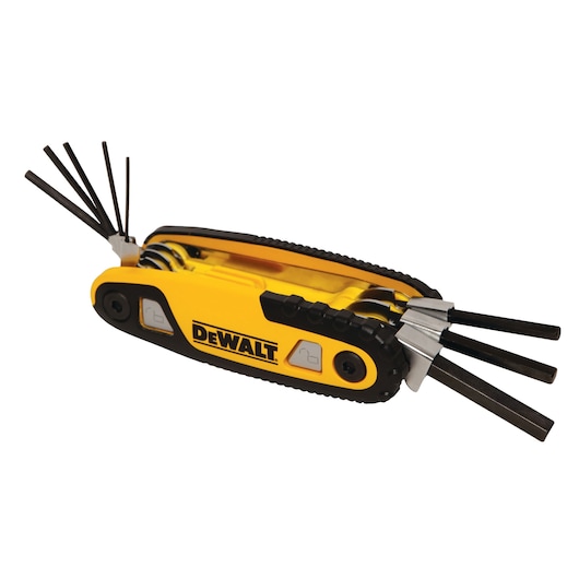 DEWALT yellow multi-tool with foldout hex keys, black grips, and brand logo on the side.