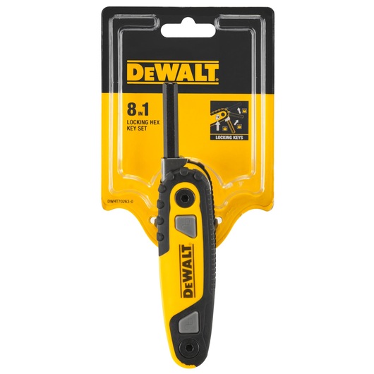 DEWALT 8-in-1 locking hex key set packaged in a yellow and black blister pack, displaying the hex tool and brand logo.