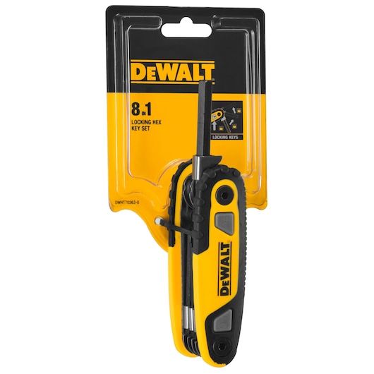 DEWALT 8-in-1 locking hex key set in yellow and black packaging, showing the foldable tool with hex keys extended.