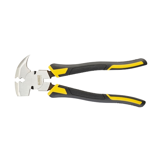 DEWALT combination pliers with black and yellow ergonomic grips and a multi-function steel head, isolated on a white background.