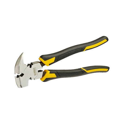 A pair of DEWALT combination pliers with black and yellow ergonomic handles, showing a robust metallic jaw designed for gripping and cutting.