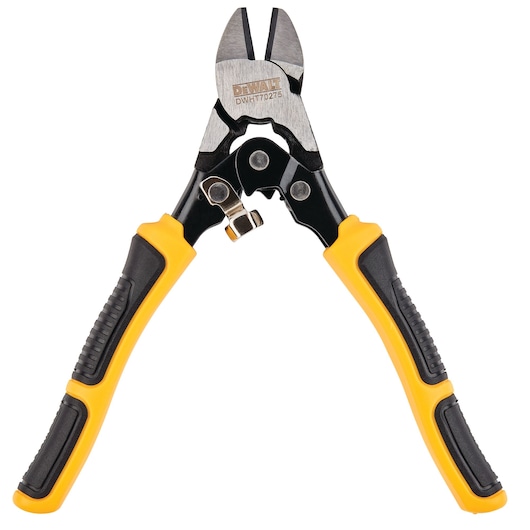 DEWALT wire cutter with yellow and black ergonomic handles, model DWHT0-70275, shown on white background.