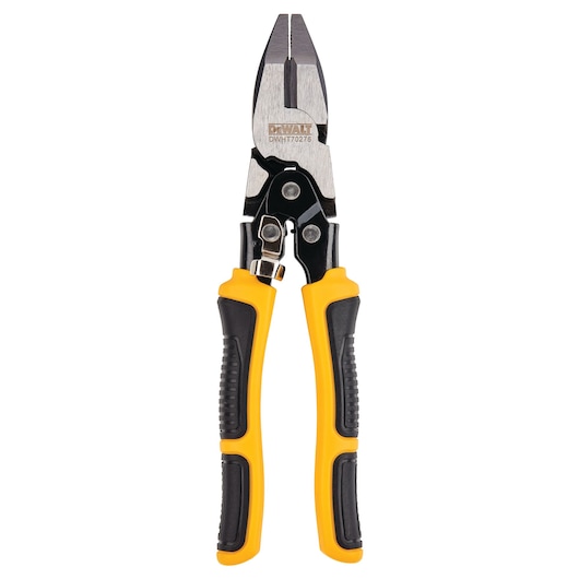 DEWALT DWHT0-70276 metal cutting pliers with black and yellow handles shown upright on a white background.