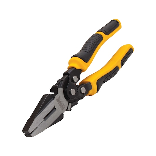 DEWALT pliers with yellow and black grip handles, angled jaws for cutting and gripping, shown on a white background.