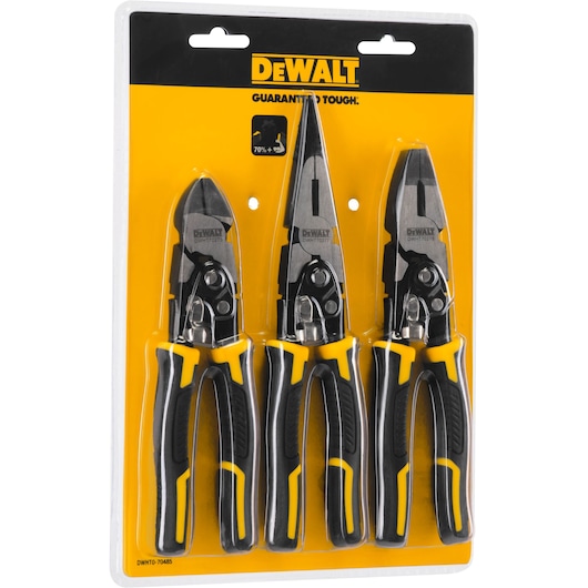 Packaged set of three DEWALT aviation snips with black and yellow handles, displayed in a plastic blister pack on a yellow and black backing.