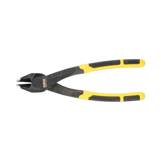 A pair of DEWALT diagonal cutting pliers with black and yellow ergonomic handles, shown on a white background.