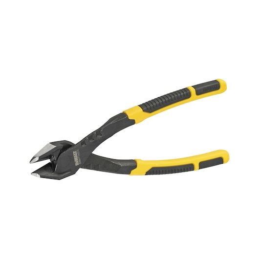 A pair of DEWALT diagonal cutting pliers with black and yellow ergonomic handles, isolated on a white background.