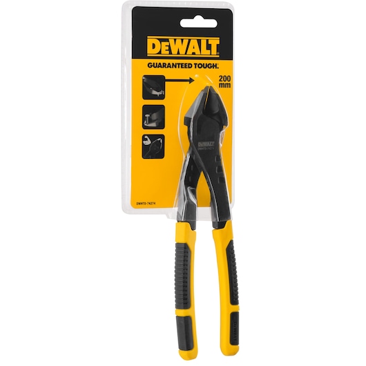 DEWALT 200mm diagonal cutting pliers in black and yellow, shown in retail packaging with product features and branding visible.