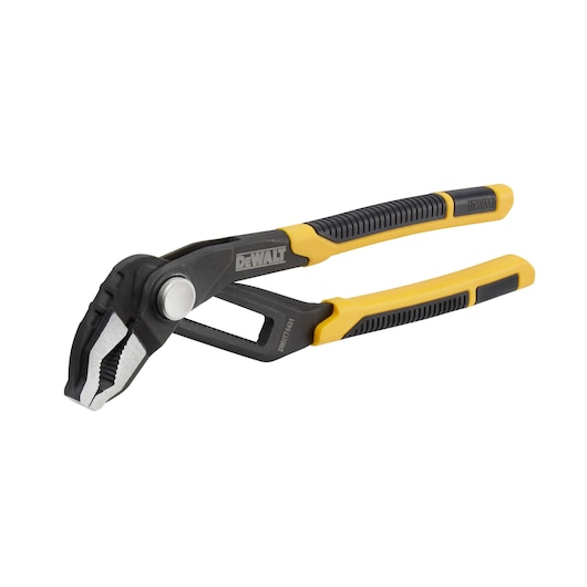 DEWALT adjustable groove joint pliers with yellow and black handles on a white background.
