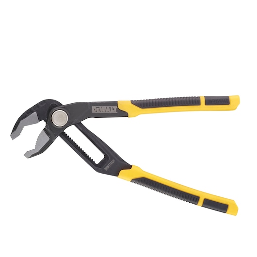 DEWALT adjustable groove joint pliers with yellow and black handles, used for gripping pipes or objects.