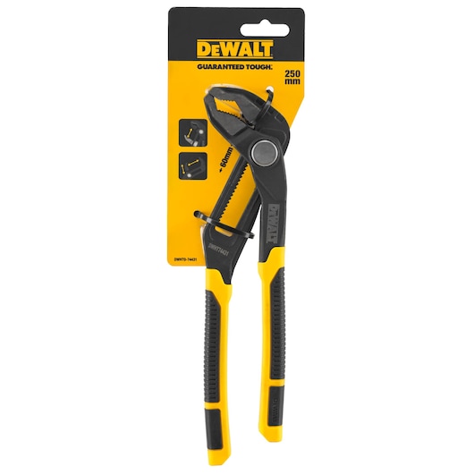 DEWALT 250 mm water pump pliers with black and yellow ergonomic handles, displayed in retail packaging. The packaging features the DEWALT logo and product details.