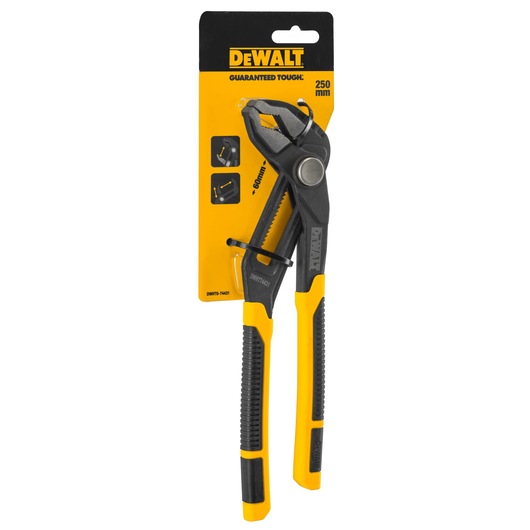 DEWALT 250mm adjustable pliers with black and yellow handles, packaged on a yellow and black branded cardboard backing.
