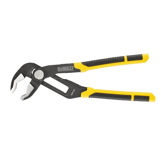 DEWALT adjustable water pump pliers with yellow and black grips, angled jaws, and a slip joint for various applications.