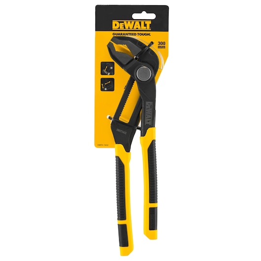 DEWALT 300 mm adjustable slip joint pliers in black and yellow, displayed in retail packaging.