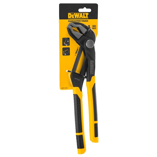 DEWALT 300 mm water pump pliers with yellow and black handles, shown in retail packaging.