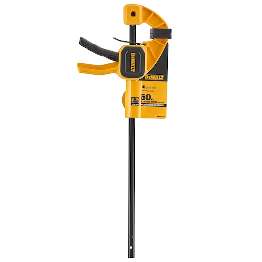 A DEWALT hand tool bar clamp with yellow and black colors, used for woodworking and holding materials tightly. The clamp features ergonomic handles and a measurement label indicating a clamping force of 60 kg and a bar length of 30 cm.