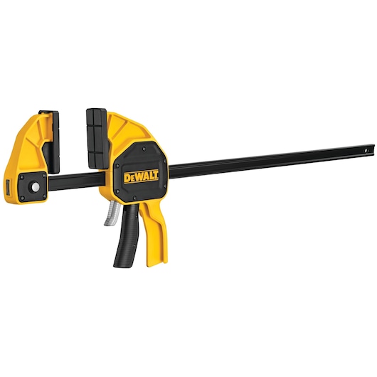 Yellow and black DEWALT trigger clamp tool with dual jaw design and ergonomic handle.