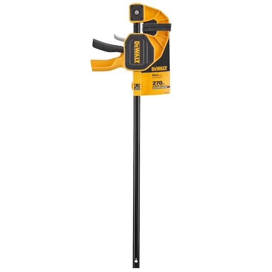 A DEWALT 60cm bar clamp with a yellow and black handle and body. The clamp is upright and features branding and specifications printed on the clamp body.