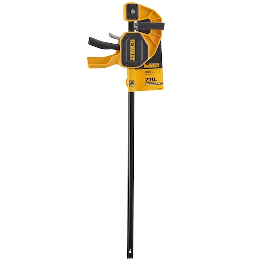 DEWALT trigger clamp with a 60 cm bar, yellow and black color, shown upright against a white background.