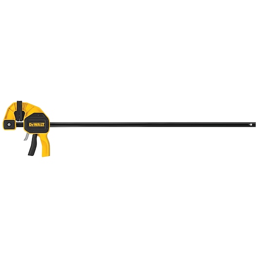 DEWALT bar clamp with yellow and black handle, designed for holding materials securely in woodworking and assembly.