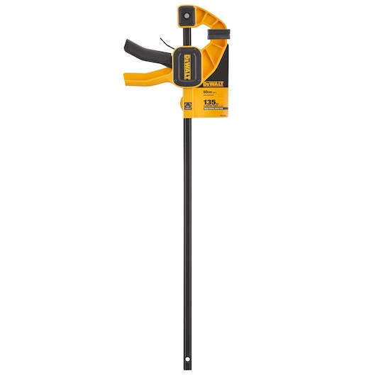 A DEWALT 60cm trigger clamp with yellow and black handle and clamp head, designed for holding materials securely during woodworking or other construction tasks.