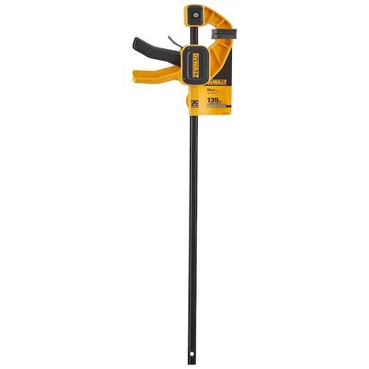 DEWALT bar clamp with yellow and black color scheme, featuring cushioned trigger handles and a sturdy metal bar, used for securing workpieces.