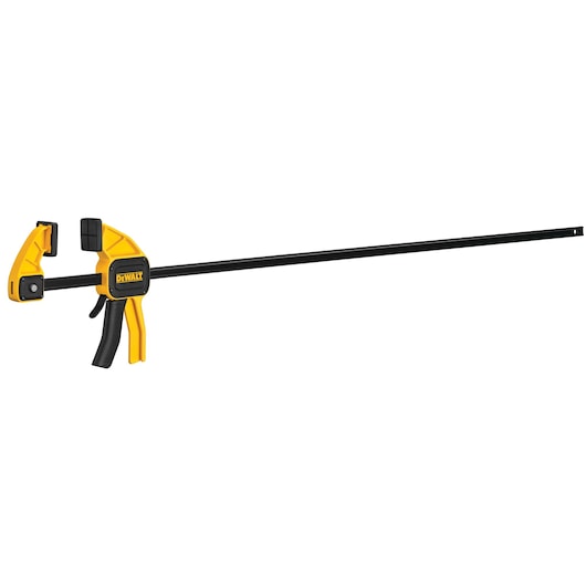 DEWALT bar clamp with trigger handle and yellow-black design shown on a white background.