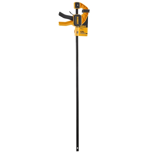 A DEWALT bar clamp with a yellow and black handle, designed for securing materials during woodworking or assembly tasks.