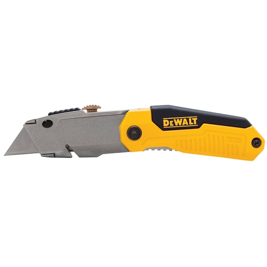 DEWALT utility knife with yellow and black handle and retractable blade, shown on white background.