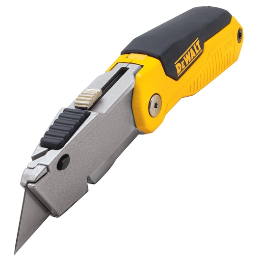 DEWALT folding utility knife with yellow and black handle and retractable blade.