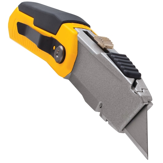 Utility knife with yellow and black handle, metal body and retractable blade for cutting tasks.