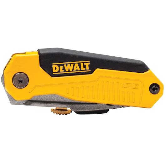 Closed DEWALT folding utility knife with yellow and black handle, shown from the side.