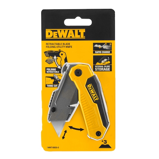 DEWALT retractable blade folding utility knife in yellow and black packaging, model DWHT10035-0. The package highlights features including folding and retractable design, twine cutting, rapid blade change, and internal blade storage.