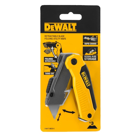 DEWALT retractable blade folding utility knife in yellow and black packaging. The package highlights features such as folding retractable design, rapid blade change, internal blade storage, and cutting twine function.