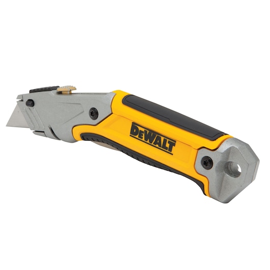 DEWALT utility knife with retractable blade and yellow-black handle, shown on white background.