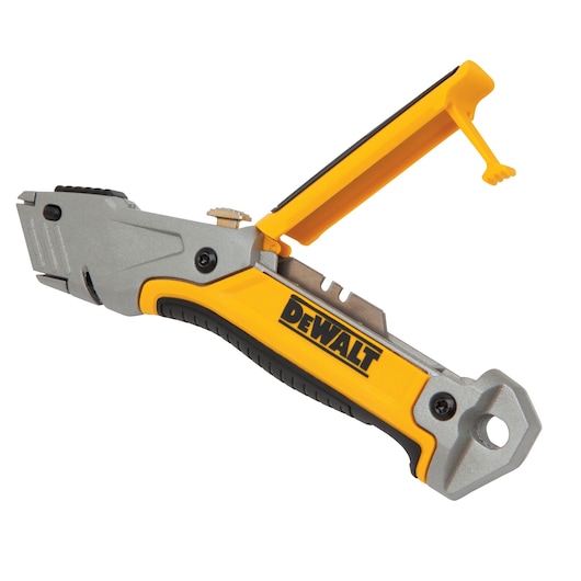 DEWALT utility knife with yellow handle and opened compartment for blade storage.