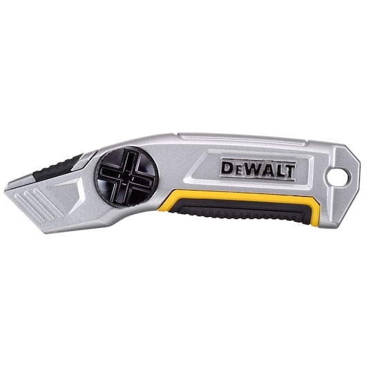 Silver DEWALT utility knife with black and yellow grip, angled blade, and hole for lanyard attachment.