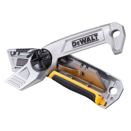 DEWALT utility knife with blade storage and ergonomic handle, shown open and angled on white background.