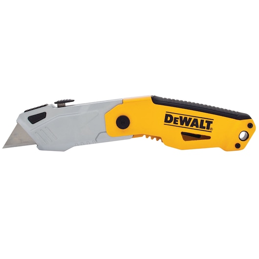 DEWALT folding utility knife with yellow and black handle and silver blade shown on white background.