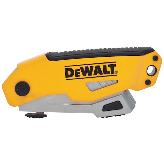 Yellow and silver DEWALT utility knife with black accents, shown closed on a white background.