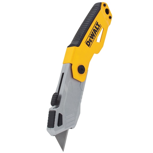 DEWALT folding utility knife with yellow and black handle, silver blade, ergonomic grip, shown on a white background.