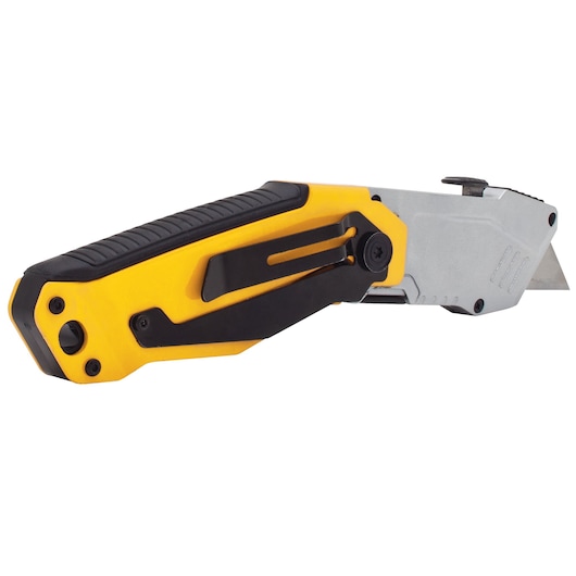 Yellow and black folding utility knife with metal blade, DEWALT branding visible on the handle.