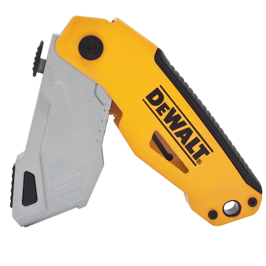 DEWALT folding utility knife with yellow handle and silver blade, angled open, textured grip.