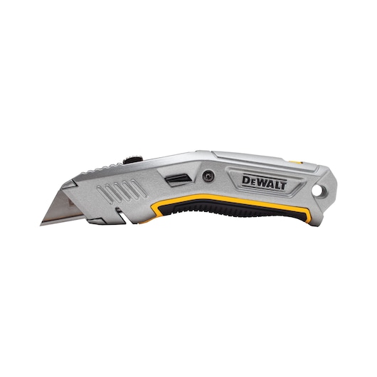 DEWALT silver utility knife with retractable blade and black-yellow grip handle on white background.