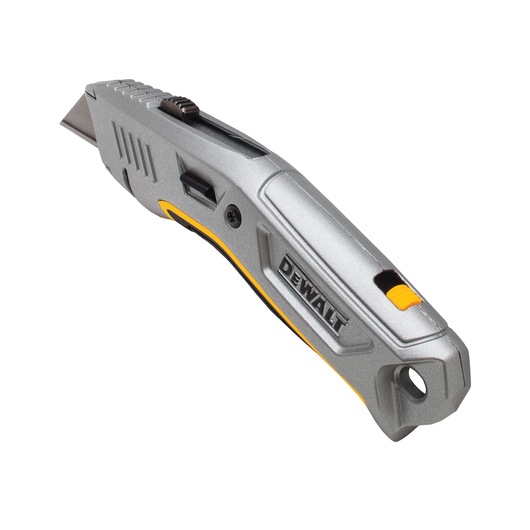 Silver DEWALT utility knife with retractable blade and ergonomic handle.