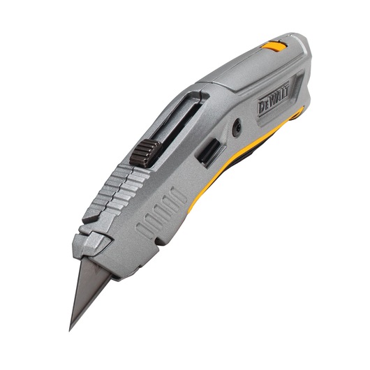 Silver DEWALT utility knife with retractable blade and yellow accents, shown on a white background.