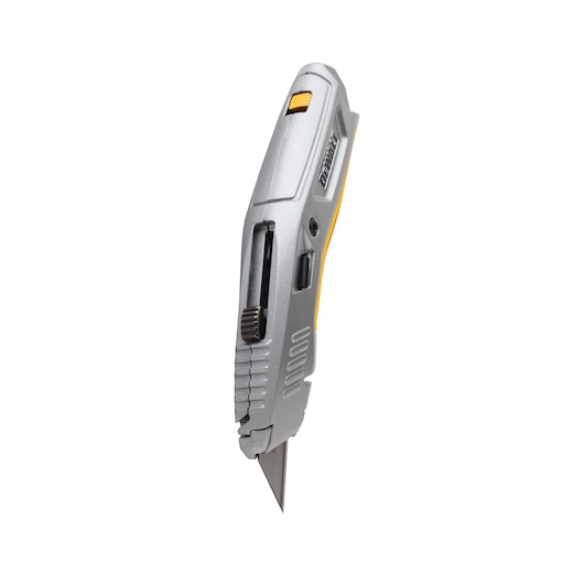 Silver DEWALT utility knife with retractable blade, shown upright on a white background.