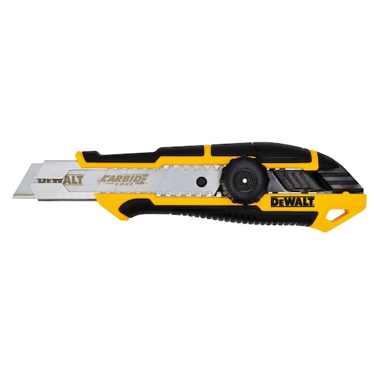 A DEWALT retractable utility knife with a yellow and black handle and a visible carbide blade, designed for durability and precision cutting.